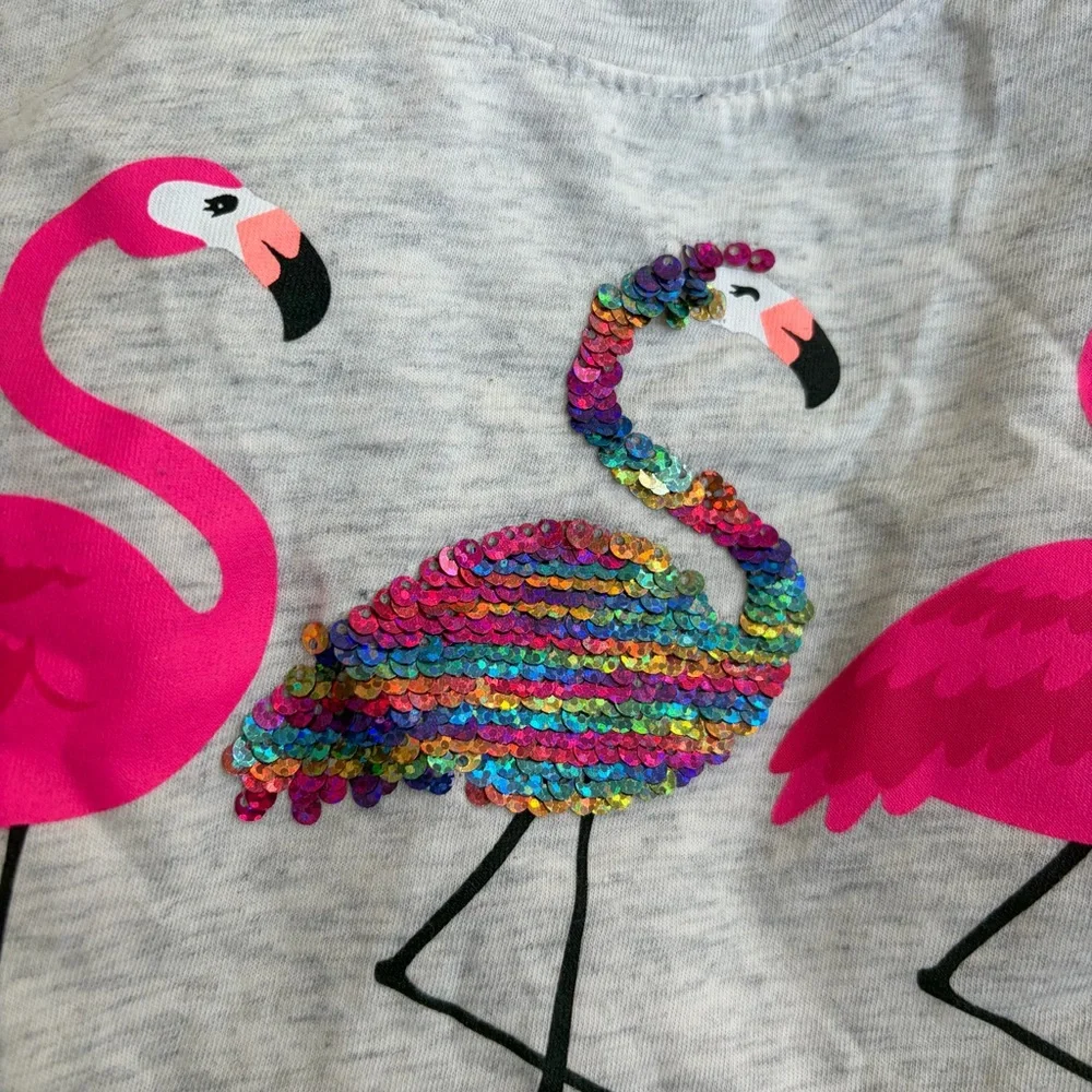 Justice “Dare to be Different” Hthr Gray Pink Flamingo Flip Sequin Tee Girls 8